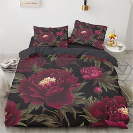 Luowei Bed Linen 155 x 220 cm Floral Motif Red Purple Floral Bed Linen 3D Aesthetic Flowers Bed Linen Soft Cuddly Microfibre Bed Linen 3-Piece with Zip and 2 Pillowcases 80 x 80 cm