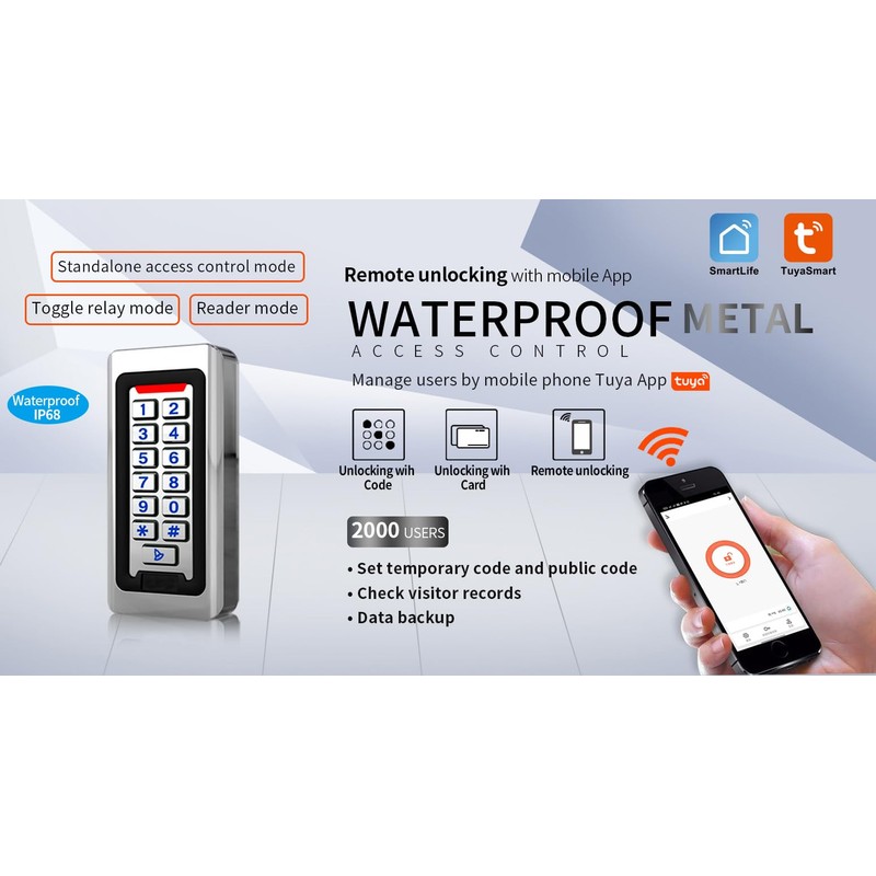 Door Access Control Keypad, Stainless Steel Outdoor IP68 Waterproof, 2000