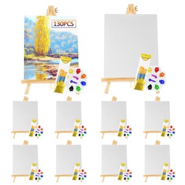 Rabbitale 130 Pcs Art Painting Kit Supplies Set for Kids to Party - 10 Packs of 100 Brushes, 10 Wood Easels(8 * 12in), 10 Canvas Panels(8 * 10in) & 10 Palettes(5in), No Paint