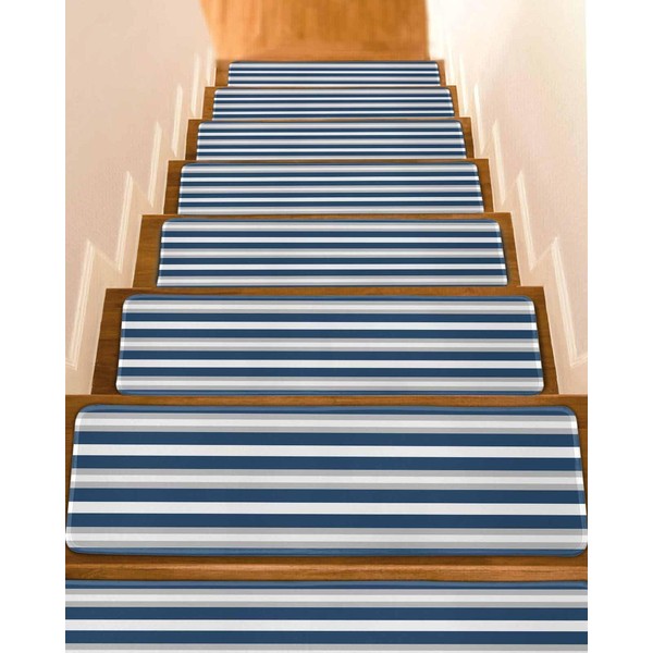 Stair Treads for Wooden Steps, Navy Blue Gray White Stripe