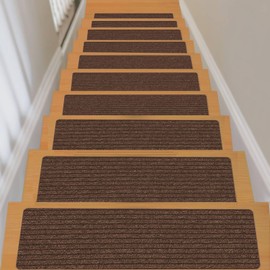 Stair Treads Non-Slip 8X30 Inch (15 Pack) Indoor Stair Runner with Reusable Self-Adhesive Backing Skid Resistant Stair Carpet to Protect Kids, Elders, and Pets - Coffee Brown