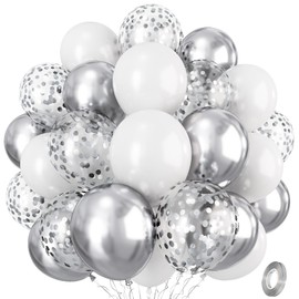 Silver and White Balloons, 12 Inch Metallic Silver White Latex Balloons Set Decor with Silver Confetti Helium Balloons for Boys Girls Birthday Party Baby Shower Wedding Graduation Party Decorations
