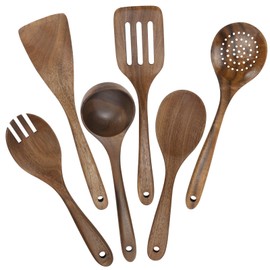 HMIEPRS 6-Piece Kitchen Utensils Set, Kitchen Utensils Non-Stick Wooden Cooking Spoon for Cooking, Cooking Utensils Wooden Set Including Spatula, Cooking Spoon, Mixing Spoon, Salad Fork, Slotted Spoon