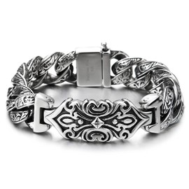 COOLSTEELANDBEYOND Mens Retro Style Steel Tribal Tattoo ID Identification Curb Chain Bracelet with Spring Clasp