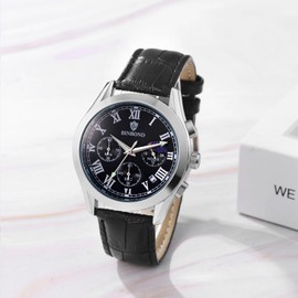 JewelryWe Men's Watch Analogue Quartz Date Calendar Punk Military Watch Men's 30 m Waterproof Military Sports Watch with Genuine Leather Strap, Day & Night Display - Black/Silver, Strap.