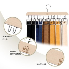 Belt Hanger for Closet, 14 Hooks Sturdy Wood Rack - Rotating Organizer for Belts, Scarf, Ties & Accessories
