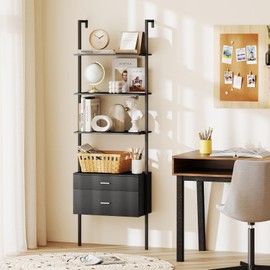 Giantex 6-Tier Ladder Bookcase with 2 Drawers, 72.5" Tall Wall-Mounted Bookshelf with Metal Frame, Modern Open Display Shelf Storage Organizer for Living Room, Study, Home Office, Black (1)