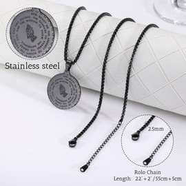 OTXIXTO Serenity Prayer Necklace with Praying Hands for Men Women Lord's Prayer Bible Verse Prayer Necklace Stainless Steel Gold/Silver/Black Coin Medal Pendant Christian Jewelry - A3