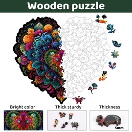 Ruikiyart Wood Puzzle, Heart Flower Wooden Jigsaw Puzzle, Mandala Wooden Puzzles for Adults Wood Puzzles for Kids Unique Puzzles Family Games for Adult (15.3"*16.9")