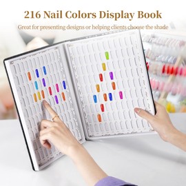 216 Nail Colors Display Book, Nail Gel Polish Organizer Book, Waterproof Textured PU Leather Nail Color Chart with 240 False Nail Tips & 1-300 Numbered Stickers for Nail Art Salons, DIY Nail Design