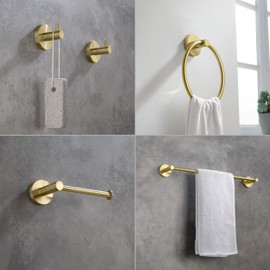 KIBI 5-Piece Bathroom Hardware Set – Circular Bath Wall Mounted Hardware Accessory Kit Includes, 18 Inch Towel Bar, Hand Towel Ring, Toilet Paper Holder, 2-Robe Hooks (Brushed Gold, C-KBA14-5-3)