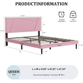 IOILORI Queen Size Bed Frame, Queen Platform Bed Frame with Velvet Upholstered Headboard, Geometric Pattern, Sturdy Frame and Slats, Noiseless, No Springs Required, Easy to Assemble