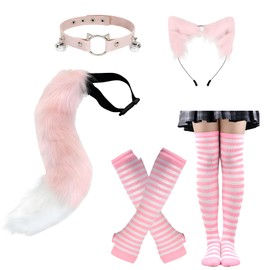 Imitation Fur Fox Wolf Tail Set, Cat Girl Costume, Pink with Faux Fur Fox Tail, Headband, Collar, Half Sleeves and Stockings, Perfect for Role-Playing Parties, Holiday Celebrations, Gifts For Friends