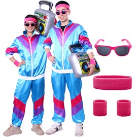 Ficlwigkis 80s 90s Outfit Men Women, 6 Pieces, Blue Carnival Costume, Tracksuit, Retro Suit with Headband, Bracelets, Glasses for Carnival (Blue, XXL)