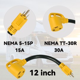 RV Electrical Power Adapter Cord 30 Amp to 110 Volt with LED Power Indicator Grip Handle for RV Trailer Camper ETL Listed (Yellow, NEMA 5-15P to NEMA TT-30R)