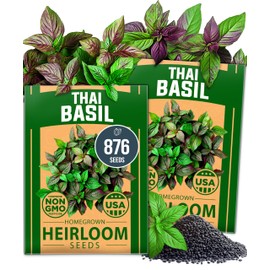 HOME GROWN Thai Basil Seeds Pack - 876 High Germination Non-GMO Heirloom Herb Seeds for Planting, Ideal for Growing Fresh Basil Planting Indoor or Outdoor (Ocimum basilicum VAR. thyrsiflora)