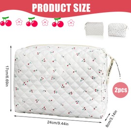 LURVOUS 2 Pack Floral Cotton Large Quilted Makeup Bag Cotton Cute Skin Care Bag Toiletry Travel Cosmetic Bag for Women and Girls, White, Fashionable