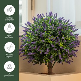 Lavender Boxwood Ball Tree, UV Resistant, Simulated Green Bush, Artificial Lavender Tree Outdoor Set of 2 (19 Inch) with Ground Plugs Fake for Indoor Outdoor Front Porch Gardens