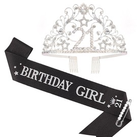 BRT Bearingshui 21st Birthday Sash and Tiara for Girls, Birthday Sash Crown 21 Birthday Girl Sash for Woman, 21st Birthday Gifts for Happy 21st Birthday Party Favor Supplies