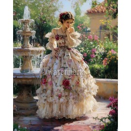 Victorian woman in a floral gown by a garden oil Painting 8x10 Print