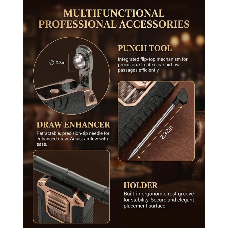 5-in-1 Butane Torch Lighter, with Built-in Punch, V Cutter, Draw