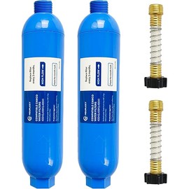 Hourleey 2 Pack RV Inline Water Filter with 2 Flexible Hose Protector, Reduce Bad Taste, Odors, Rust, Fluoride, Chlorine and Sediment in Drinking Water, Dedicated for RVs Campers Marines