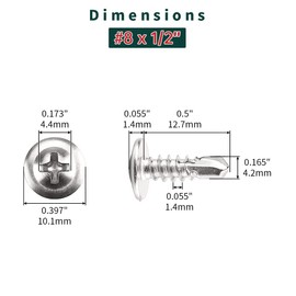 #8 x 1/2" Phillips Wafer Head Sheet Metal Tek Screws (100 pcs), 410 Stainless Steel, Phillips Drive Wafer Head Self Tapping Screws, Fayeploo (with Phillips Driver Bit)