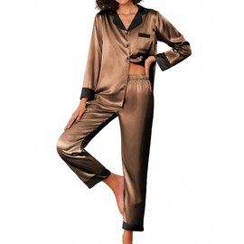 Ekouaer Silk Pajamas Striped Animal Print Satin Pj Sets Button Down Long Sleeve Silky Pjs Sleepwear Loungewear for Women Brown Medium