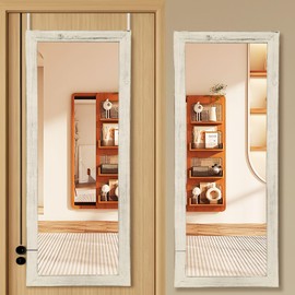 GlasFlength Over The Door Mirror for Wall or Door Mount, 44"x18" Full Length Mirror, Wooden Frame Rectangular Dressing Mirror Hanging with 2 Metal Hangers for Bedroom, Bathroom, White