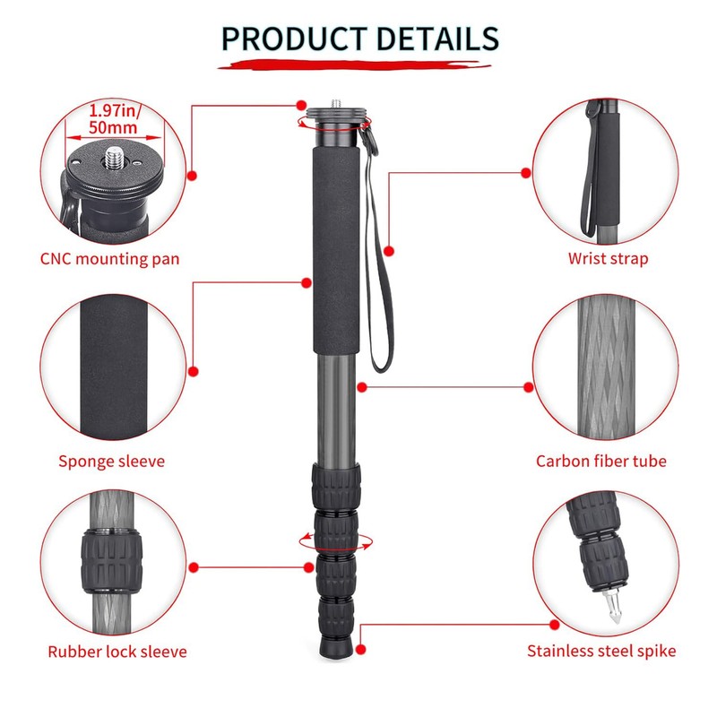 Professiona Heavy-Duty Carbon Fiber 70" Monopod/Unipod (Dual Optional Head) for