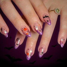 Uñas Postizas Halloween Almendra, Press On Acrílicas Llama Araña