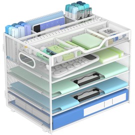 Docnest 5 Tier Mesh Desk Organizer- Letter Tray with Adjustable Compartments, Mesh Desktop Storage Built in Pen Holder and Handles, Desk Organizer Tray for Mail Documents Office Supplies–White