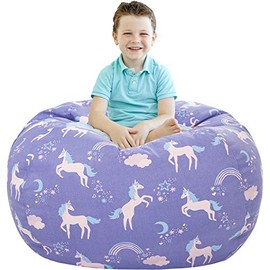 Aubliss Stuffed Animal Storage Bean Bag, Unicorn Bean Bag Chair, Stuff 'n Sit for Kids, Large 38"-Canvas Unicorn Blue