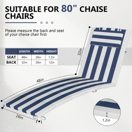 Chaise Lounge Cushion Outdoor, Foldable Lounge Chair Cushion with Headrest, Weather and Fade Resistant Replacement Lounge Chair Pad for Patio Furniture, Lawn, Pool, 80''L x 26''W x 1.18''T