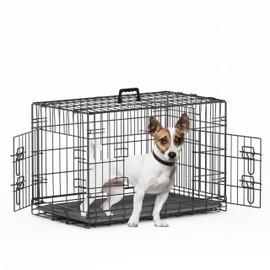 Piskyet 30 Inch Double Door Medium Dog Crate with Divider Panel and Leak- Proof Pan Tray, Folding Metal Wire Pet Kennel for Indoor