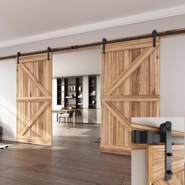 EaseLife 16 FT Double Doors Sliding Barn Door Hardware Track Kit,Straight Pulley,Heavy Duty,Slide Smoothly Quietly,Easy Install (16FT Track Kit for Double 48" Wide Door).