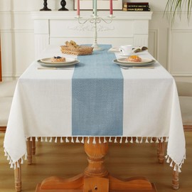 Laolitou Rustic Cotton Linen Table Cloth,Tablecloths for 6 foot rectangle tables,Waterproof Washable Tablecloth with Tassel Rectangle/Oblong, 55''x 86'', 6-8 Seats