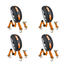Mytee Products 4 Pack 2" x9' Over The Wheel Tire Straps w/Ratchet, Swivel J Hook & Rubber Blocks - 3,333 LBS WLL High Abrasion Orange Webbing - Towing Tie Down Strap for Auto Car Hauler, Truck Bed