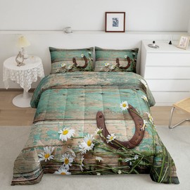 Rustic Farmhouse Bedding Set Teal Country Wooden Barn Door Down Comforter Queen Western Horseshoe Daisy Decor Comforter Set for Kids Boys Girls Teen Cowboys Cowgirls Quilt Duvet Sets 2 Pillow Cases