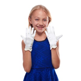Ariel Girls Satin Beaded Scallop Gloves (Ivory, 8-12 years)