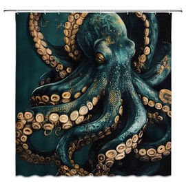 Octopus Shower Curtain Nautical Underwater Ocean Coastal Animals Adventure Wildlife Fabric for Bathroom Decor Bathtub with Hooks(70" WX70 H)