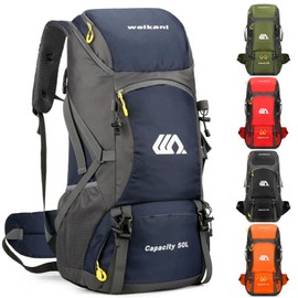 Kugooyi 50L Hiking Backpack with Rain Cover Waterproof Lightweight Camping Daypack Walking Rucksack Outdoor Sports Trekking Climbing Skiing Travel Bag (Blue)