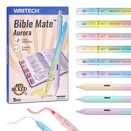 WRITECH Bible Mate Journaling Set: No Bleed Aesthetic Highlighters & 1.0 mm Black Ballpoint Pens, Bible Safe Dual Tip Highlighters, Pastel Colors, Fast-drying Ink, Journaling Kit, 9ct