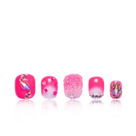 LOVFUL Press on Nails Pink Typhoon| Handmade with Full Covered Crystals | Reusable Fake Nails | Square Short 0.8 in | H38-S