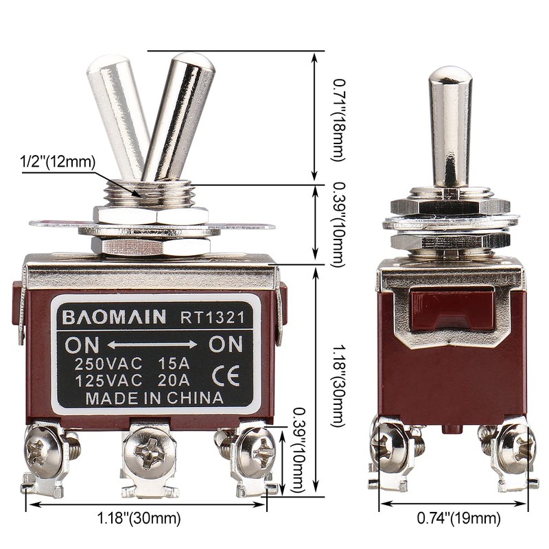 Baomain Toggle Switch DPDT ON/ON 2 Position 250VAC 15A 125VAC