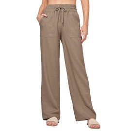 Willit Women Linen Pants Wide Leg Casual Palazzo Pants Cotton Linen Lounge Beach Summer Pants with Pockets 31" Deep Khaki M