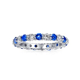 Royal Blue White Alternating Two Tone Eternity Band Ring For Women Simulated Sapphire CZ Stackable 925 Silver