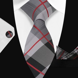 Mantieqingway Mens Ties Set Woven Silk Ties for Men and Pocket Square Cufflinks Stripes Plaid Necktie Business Wedding (Grey Red Stripes)