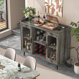 Wine Bar Cabinet with Power Outlet & LED Light Home Coffee Buffet Sideboard - Color: GRAY
