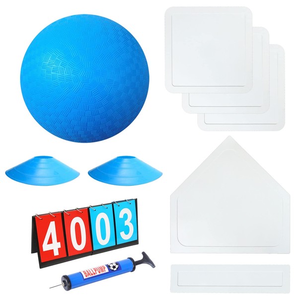 Fancemot Kickball Set with Bases and Ball - 8.5" Kickball, Rubber Throw Down Bases, Sports Traning Cones, 12" Pump and 14" Scoreboard - Perfect for Kids and Adults - Playground and Backyard Game